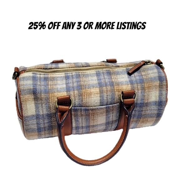 Plaid Barrel Handbag Brown Accents Boston Bag Fleece Top Handle Striped Purse - Picture 1 of 15